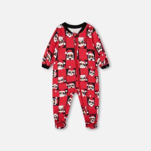 Organic Cotton One Piece Pajama Red Printed Santa