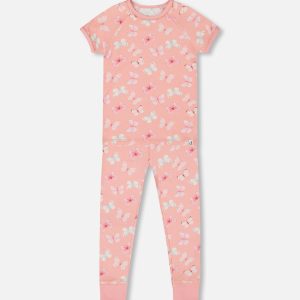 Organic Cotton Short Sleeve Top And Pant Pajama Set Pink And Blue Butterflies On Old Pink