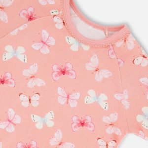 Organic Cotton Short Sleeve Top And Pant Pajama Set Pink And Blue Butterflies On Old Pink - Image 2
