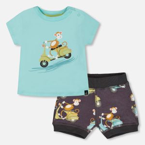 Two-Piece Top And Short Set Monkey On Navy And Turquoise Moped - Image 9