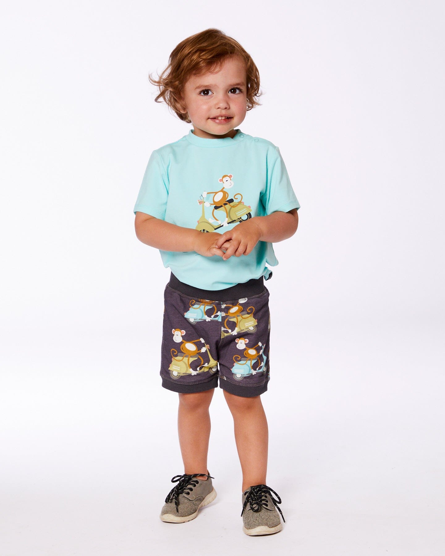 Two-Piece Top And Short Set Monkey On Navy And Turquoise Moped - Image 3