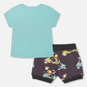 Two-Piece Top And Short Set Monkey On Navy And Turquoise Moped - Image 4