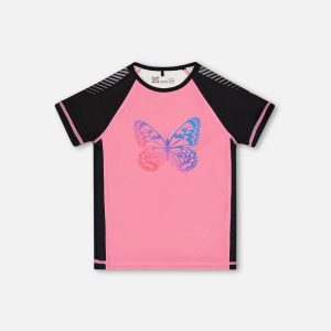 Printed Short Sleeve Athletic Top Pink With Butterflies