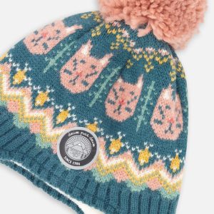 Lined Peruvian Knit Pompom Hat Green And Pink - Image 4
