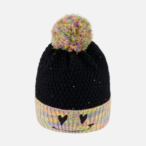 Lined Knit Hat With Pompom Black And Multicolor