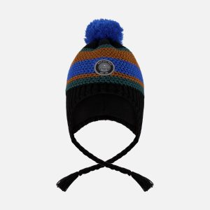 Lined Peruvian Knit Pompom Hat Black, Blue And Brown
