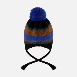 Lined Peruvian Knit Pompom Hat Black, Blue And Brown - Image 4