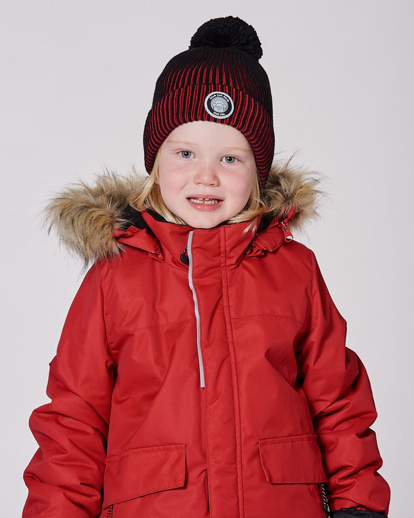 Lined Knit Pompom Hat Red And Black - Image 2