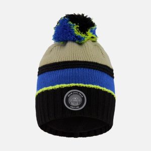 Lined Knit Pompom Hat Black, Taupe And Lime Green - Image 6