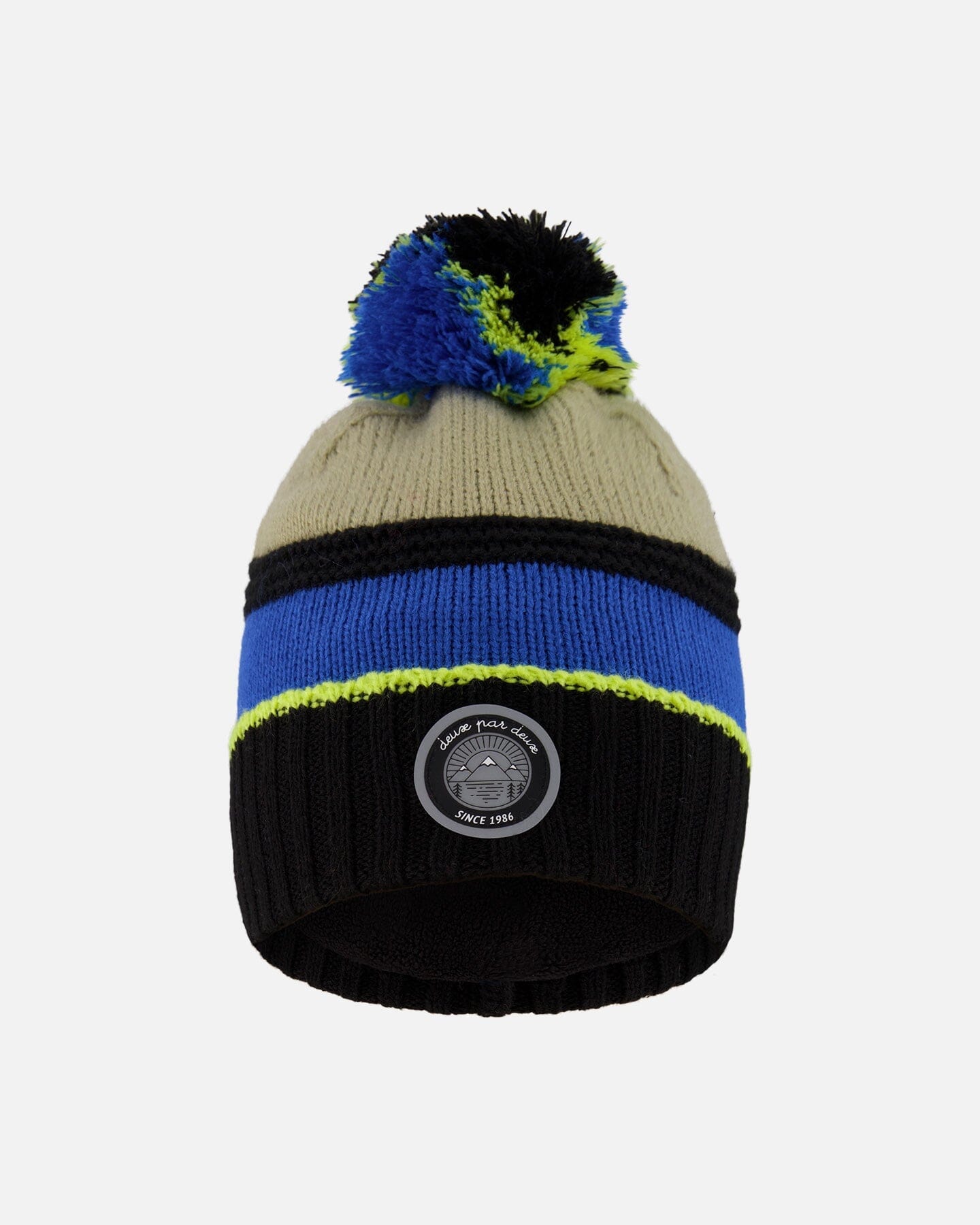Lined Knit Pompom Hat Black, Taupe And Lime Green - Image 7