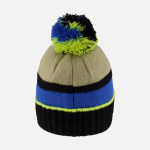 Lined Knit Pompom Hat Black, Taupe And Lime Green - Image 4