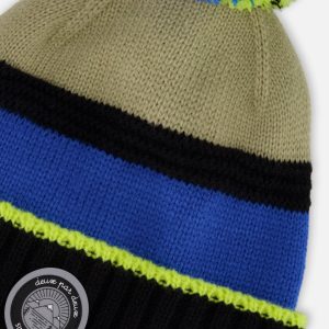 Lined Knit Pompom Hat Black, Taupe And Lime Green - Image 5