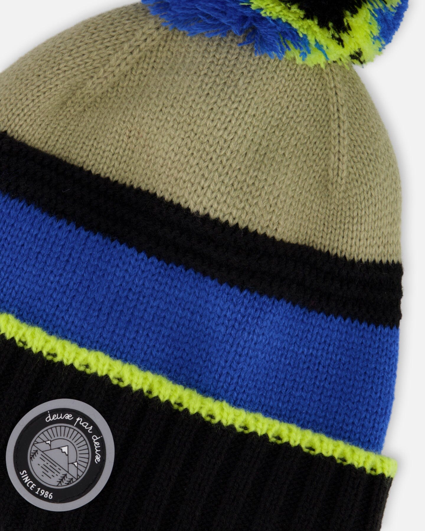 Lined Knit Pompom Hat Black, Taupe And Lime Green - Image 5
