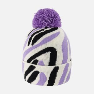 Lined Knit Pompom Hat Black, White And Lilac - Image 3