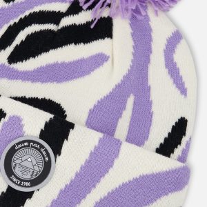 Lined Knit Pompom Hat Black, White And Lilac - Image 4