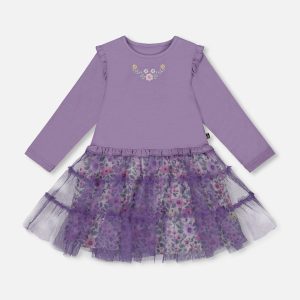 Bi-Material Dress With Muslin And Mesh Skirt Purple Gray