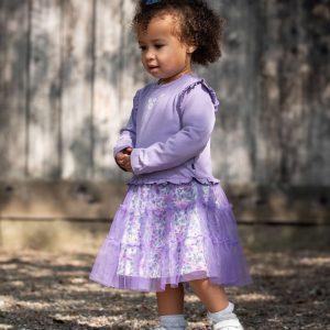 Bi-Material Dress With Muslin And Mesh Skirt Purple Gray - Image 4