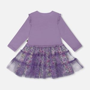 Bi-Material Dress With Muslin And Mesh Skirt Purple Gray - Image 3