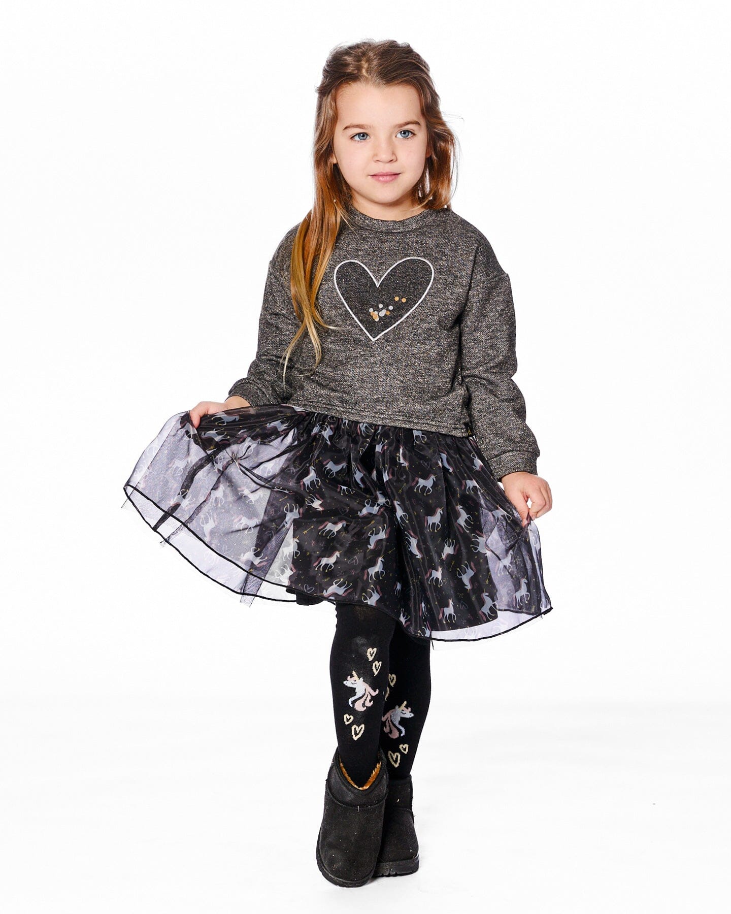 Bi-Material Dress Black With Mesh Skirt And Heart - Image 2