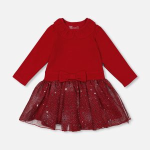 Bi-Material Dress With Glittering Skirt Red