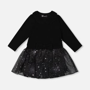 Bi-Material Dress With Glittering Skirt Black
