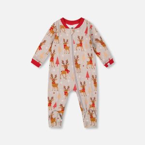 One-Piece Organic Cotton Pajama Beige Reindeer Print - Image 10