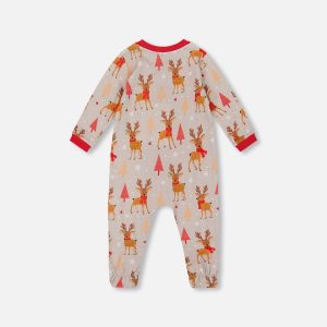 One-Piece Organic Cotton Pajama Beige Reindeer Print - Image 2
