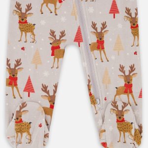 One-Piece Organic Cotton Pajama Beige Reindeer Print - Image 3