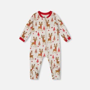 One-Piece Organic Cotton Pajama Beige Girly Reindeer Print - Image 5