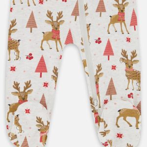 One-Piece Organic Cotton Pajama Beige Girly Reindeer Print - Image 3