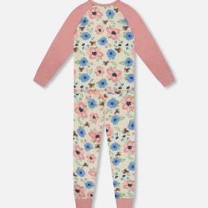 Organic Cotton Two-Piece Pajamas Off-White Flower Print - Image 3