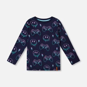 Long Sleeve Organic Cotton Allover Print Tee Navy Blue - Image 10