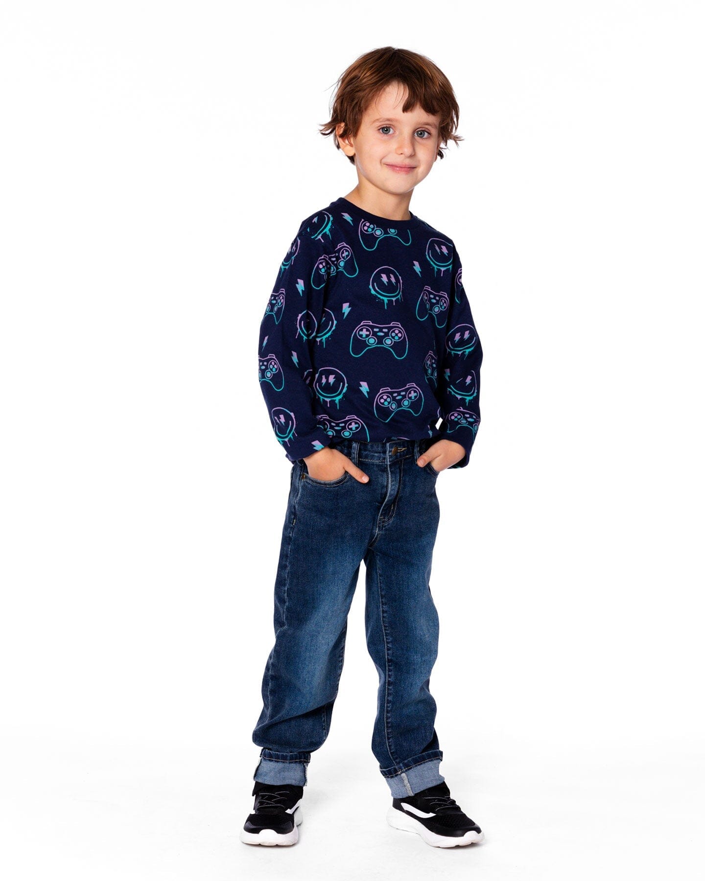 Long Sleeve Organic Cotton Allover Print Tee Navy Blue - Image 2