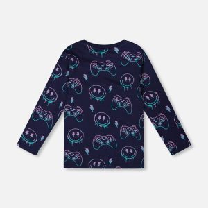 Long Sleeve Organic Cotton Allover Print Tee Navy Blue - Image 3