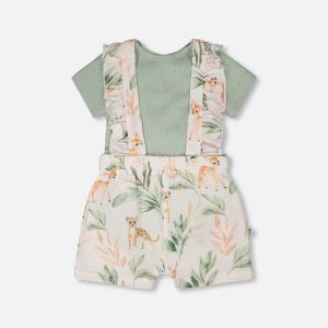 Pointelle Onesie And Cotton Muslin Shortall Set Green And Peach Deer Print - Image 8