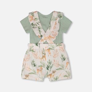 Pointelle Onesie And Cotton Muslin Shortall Set Green And Peach Deer Print - Image 3