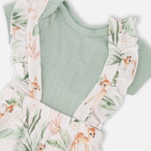 Pointelle Onesie And Cotton Muslin Shortall Set Green And Peach Deer Print - Image 4