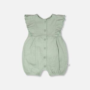 Cotton Pointelle Jersey Romper With Frills Green