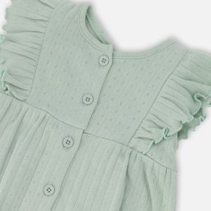 Cotton Pointelle Jersey Romper With Frills Green - Image 3