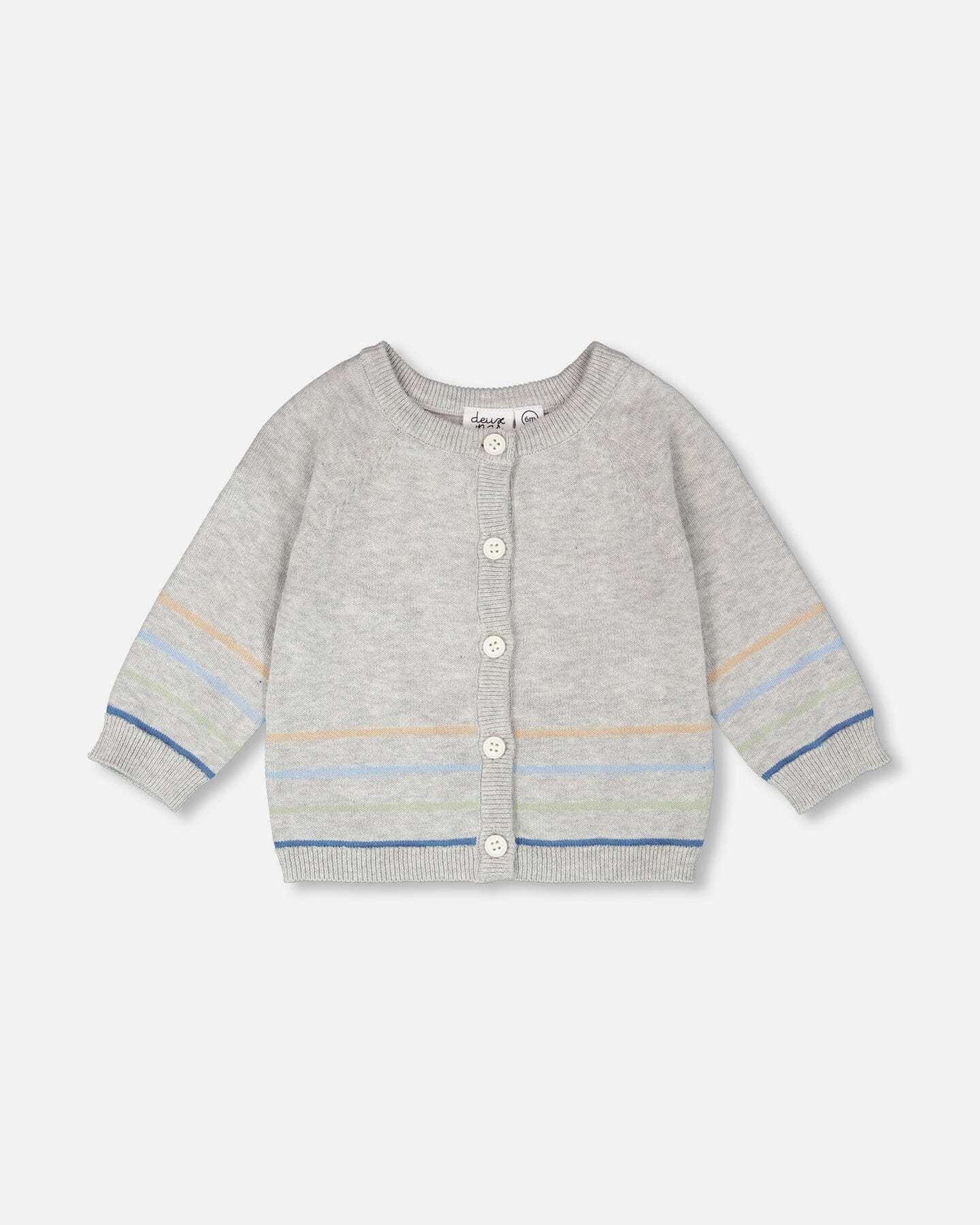 Cotton Knit Striped Button Front Cardigan Light Heather Grey - Image 7
