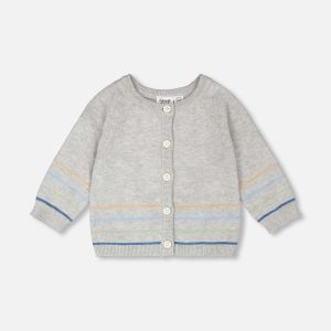 Cotton Knit Striped Button Front Cardigan Light Heather Grey - Image 8