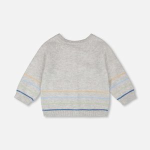 Cotton Knit Striped Button Front Cardigan Light Heather Grey - Image 2