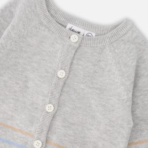 Cotton Knit Striped Button Front Cardigan Light Heather Grey - Image 3