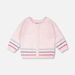 Cotton Knit Striped Button Front Cardigan Light Pink