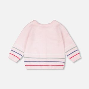 Cotton Knit Striped Button Front Cardigan Light Pink - Image 3