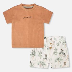 Cotton Rib Jersey T-Shirt And Organic Cotton Jersey Short Set Caramel And Beige Zebra Print