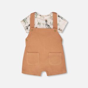 Organic Cotton Jersey Onesie And Cotton Rib Shortall Set Beige Zebra Print And Caramel