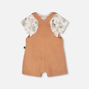 Organic Cotton Jersey Onesie And Cotton Rib Shortall Set Beige Zebra Print And Caramel - Image 3