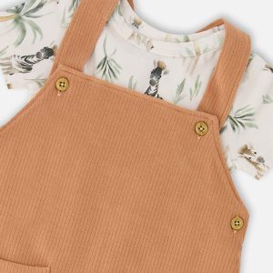Organic Cotton Jersey Onesie And Cotton Rib Shortall Set Beige Zebra Print And Caramel - Image 4