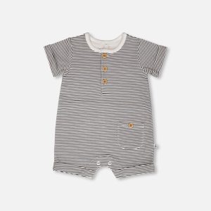Cotton Jersey Romper Black And Off White Stripes